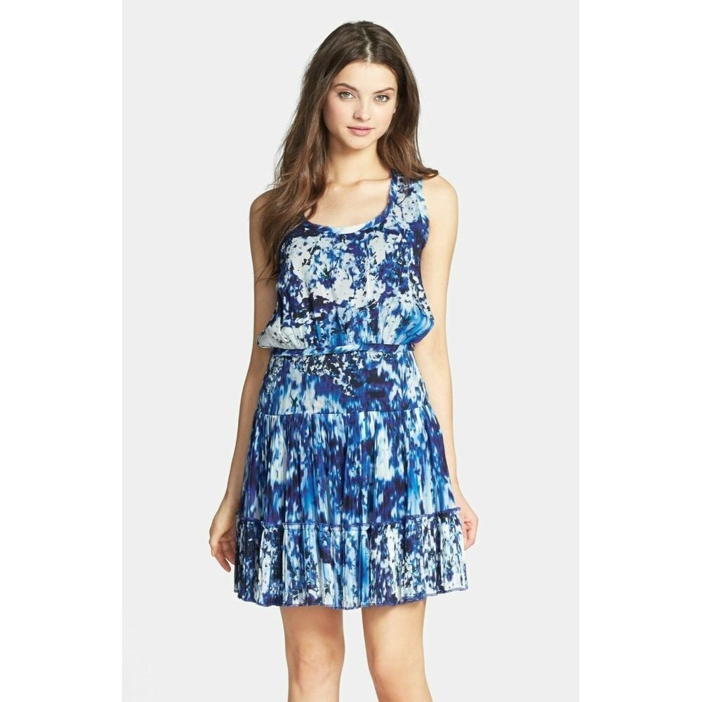 NWT Nicole Miller Artelier Mason in Lagoon Blue Pleated Hem Blouson Dress S M L